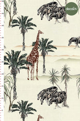 Digitally Printed Fabric with Hand Drawn Giraffe, Zebra and Palm Tree Designs
